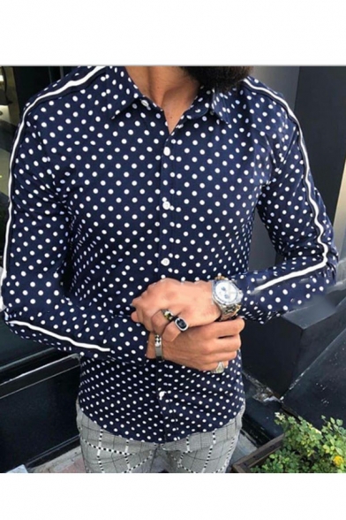 Mens Long Sleeve Lapel Collar Button Front Polka Dot Printed Slim Fit Shirt