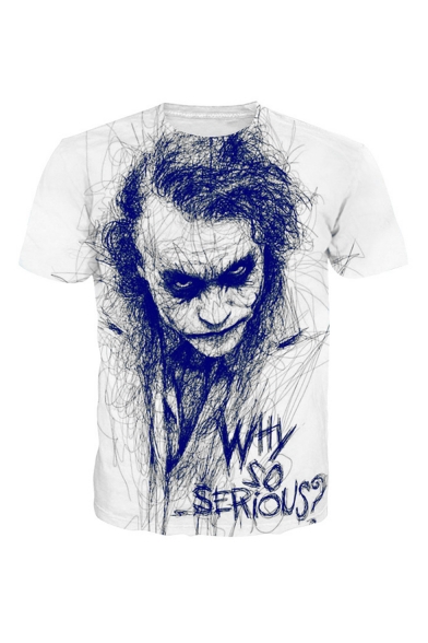 Mens New Trendy Clown Figure Why So Serious Letter Printed Short Sleeve Round Neck White Casual T-Shirt