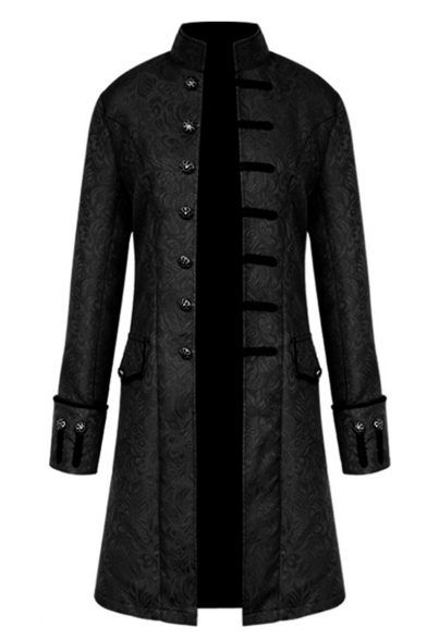 Mens Retro Long Sleeve Stand Collar Single Breasted Longline Trench Coat Overcoat