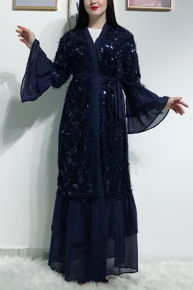 Moslem Bell-Cuff Bow-Tied Waist Sequined Panelled Ruffles Floor Length Maxi Cardigan Dress