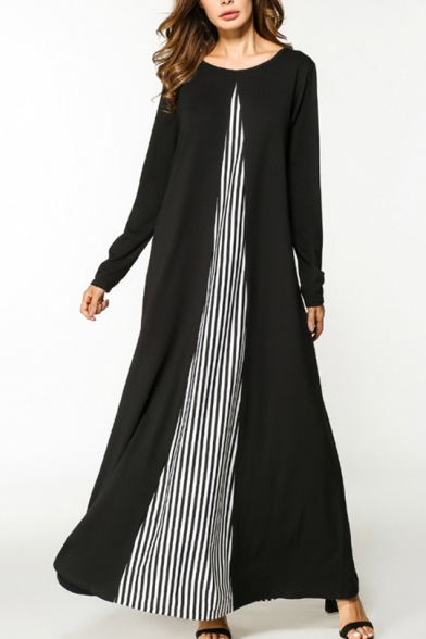 Moslem Fashion Round Neck Long Sleeve Striped Panelled Knit Black Swing Maxi Dress