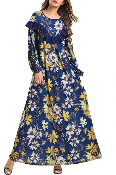 Moslem Simple Round Neck Long Sleeve Ruffles Floral Print Blue Loose Swing Column Maxi Dress