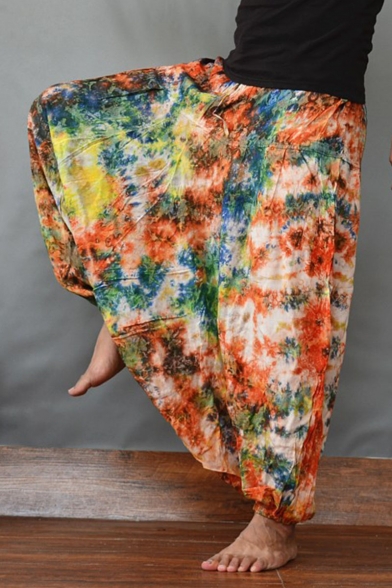 National Style Orange Tie Dyeing Printed Baggy Drop-Crotch Harem Pants for Men