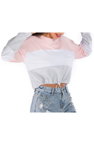 New Arrival Long Sleeve Round Neck Drawstring Waist Colorblock Patch Cropped Sweatshirts