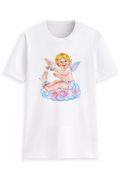 New Arrival Short Sleeve Round Neck Angel Baby Floral Dove Printed Straight Chic T Shirt