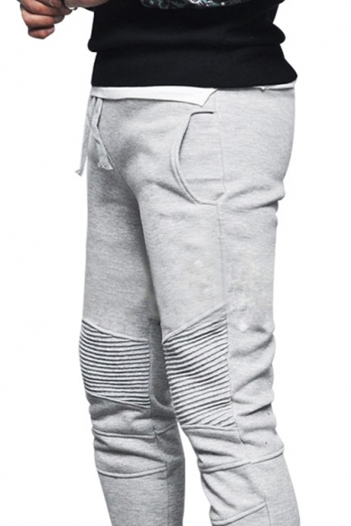 New Arrival Stylish Knee Pleated Patched Simple Plain Drawstring Waist Mens Casual Cotton Sweatpants Sports Pencil Pants