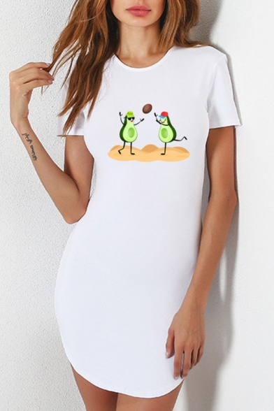 New Fashion Funny Letter Avocado Printed Short Sleeve Round Neck White Asymmetrical Sheath T-Shirt Mini Dress