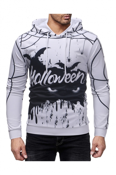 New Fashion Letter Halloween Spider Bat Printed Long Sleeve Slim Fit White Hoodie