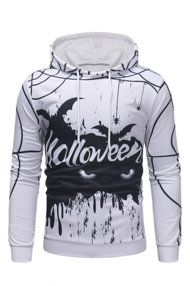 New Fashion Letter Halloween Spider Bat Printed Long Sleeve Slim Fit White Hoodie
