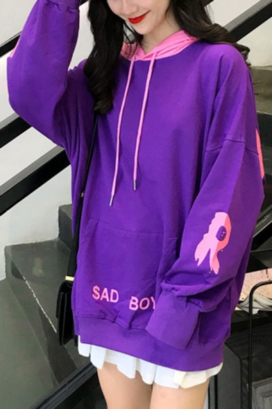 New Popular SAD BOY Letter Printed Color Black Long Sleeve Drawstring Loose Pullover Hoodie With Pocket
