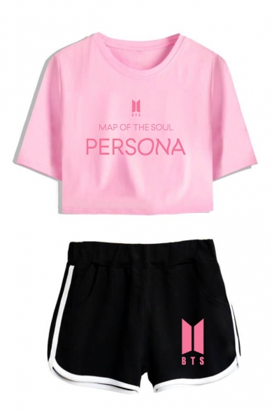 New Sale BTS Idol Casual Letters Print Short Sleeve Crop Tee with Elastic Dolphin Shorts Two Piece Set
