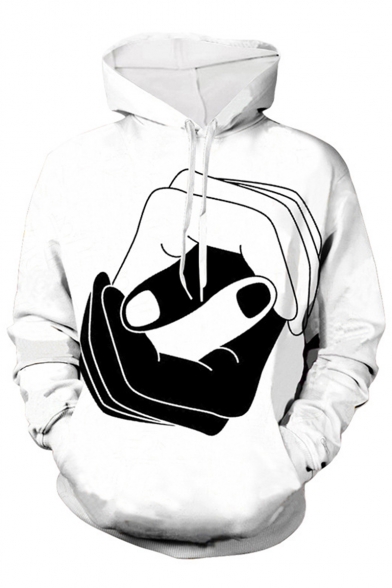 New Stylish Black and White Handshake Long Sleeve Loose Fit Unisex Drawstring Pullover Hoodie