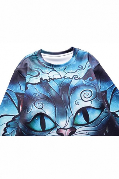 New Stylish Blue Cartoon Cat 3D Printed Long Sleeve Round Neck Trendy Pullover Sweatshirts