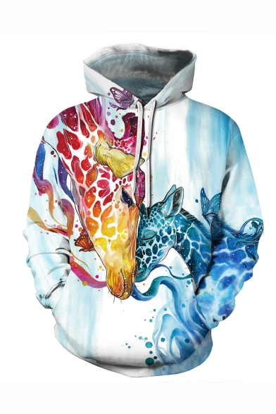 New Stylish Giraffe 3D Printed Long Sleeve Loose Fit Light Blue Drawstring Pullover Hoodie