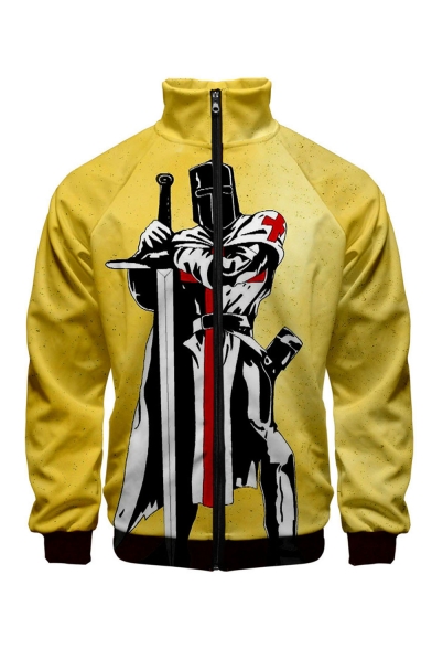 New Stylish knights Templar Pattern Stand Collar Long Sleeve Yellow Baseball Jacket