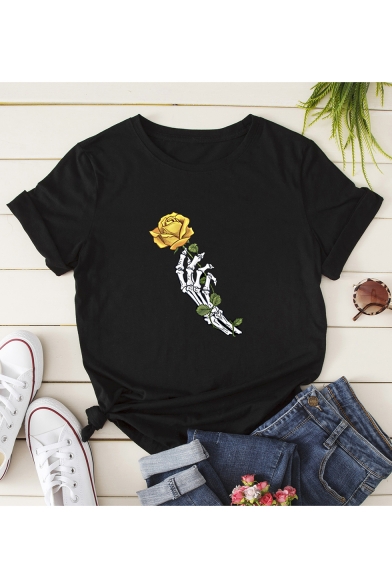New Stylish Unique Floral Skull Printed Short Sleeve Round Neck Casual Unisex Tee