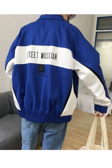 New Stylish Zip Closure Color Block Letter STREET MUSICIAN Pattern Long Sleeves Casual Track Jacket For Men