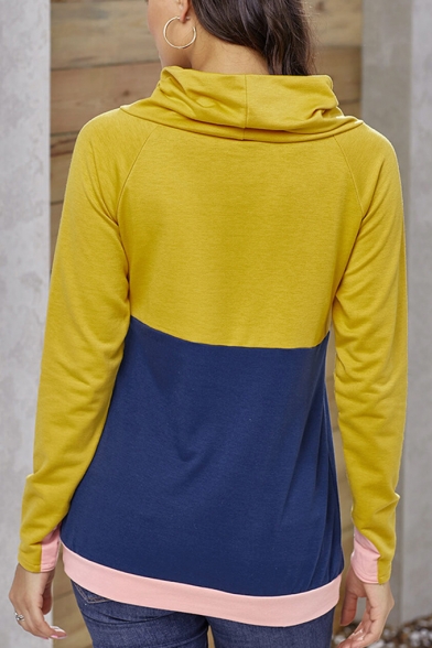 New Trendy Color Block High Neck Long Sleeve Pullover Sweatshirt