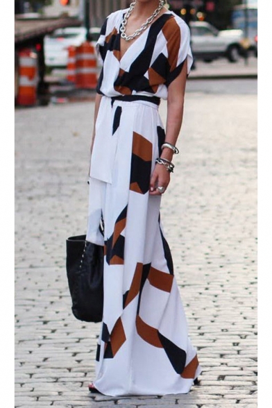 New Trendy Geometric Pattern V-Neck Short Sleeve Tied Waist Maxi Dress