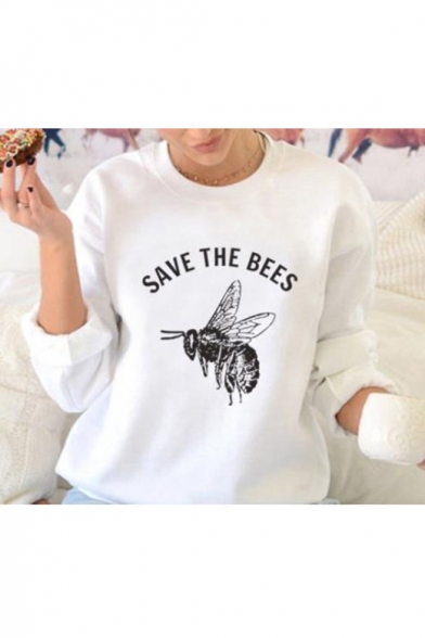 New Trendy Long Sleeve SAVE THE BEES Letter Bee Printed Loose Sweatshirt