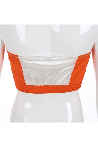 Orange Strapless Zip Front Elastic Hem Colorblock Patch Bandeau T Shirt