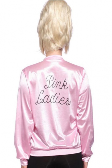 Pink Ladies Simple Letter Printed Stand Collar Long Sleeve Zip Up Baseball Jacket