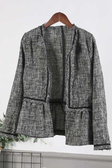 Plaid Print Line-Panel Raw Edges Fringe-Trimmed Open Front Coat in Twill