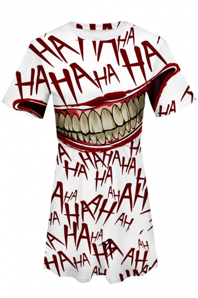 Popular Round Neck Short Sleeve 3D Cartoon Clown Joker Printed Mini A-Line Dress