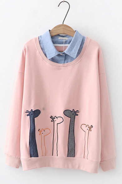 Preppy Style Cartoon Giraffe Embroidery Patched Long Sleeve Cotton Loose Sweatshirt