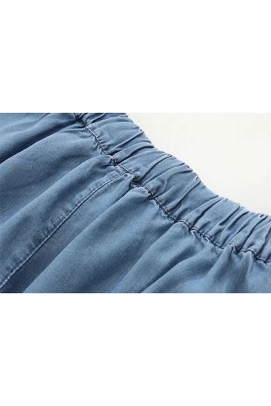 Simple Plain Draw Cord Double Pocket Wide Leg Tencel Denim Culottes Shorts
