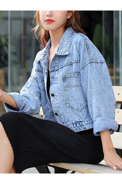 Simple Sequined Letter Printed Denim Cropped Jacket Coat with Pocket