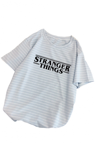 

Stranger Things Letter Printed Short Sleeve Round Neck Striped T-Shirt, Blue;pink, LC551632