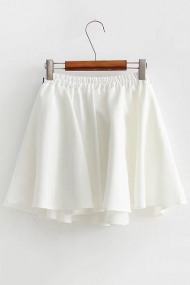 Stylish Womens Elastic Waist Belt Embellished Cat Embroidered Mini A-Line Skirt