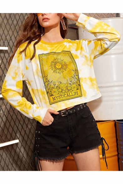 Stylish Yellow Cartoon Sun Letter Print Round Neck Long Sleeve Cropped Tie-Dyed Pullover Sweatshirt