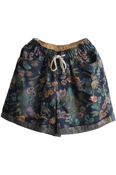 Summer Classic Vintage Drawstring Waist Rolled Hem Floral Printed Casual Loose Denim Shorts