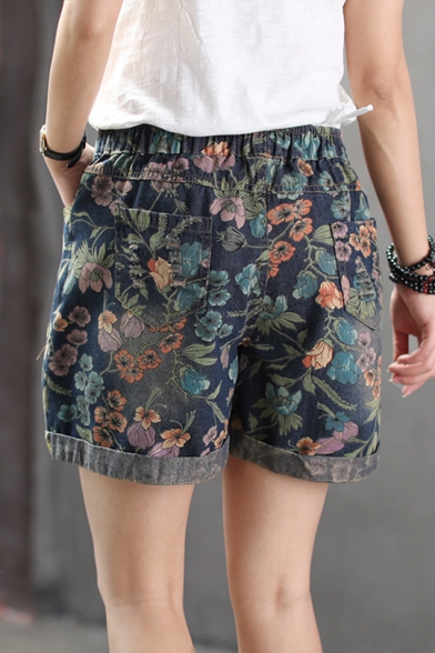 Summer Classic Vintage Drawstring Waist Rolled Hem Floral Printed Casual Loose Denim Shorts