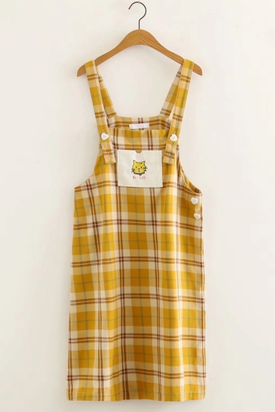 Summer Girls Cute Cartoon Cat Embroidery Check Pattern Mini Overall Dress