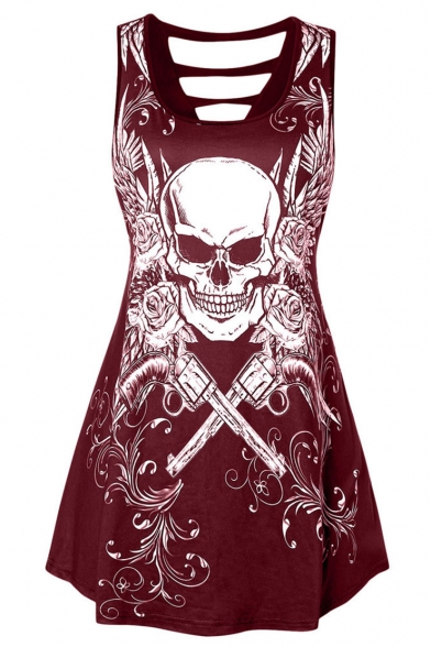 Summer Gothic Style Sleeveless Round Neck Cutout Back Skull Printed Tank T Shirt