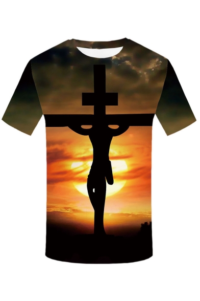 Summer Hot Fashion Jesus Cross Print Short Sleeve Round Neck Relaxed T-Shirt For Men