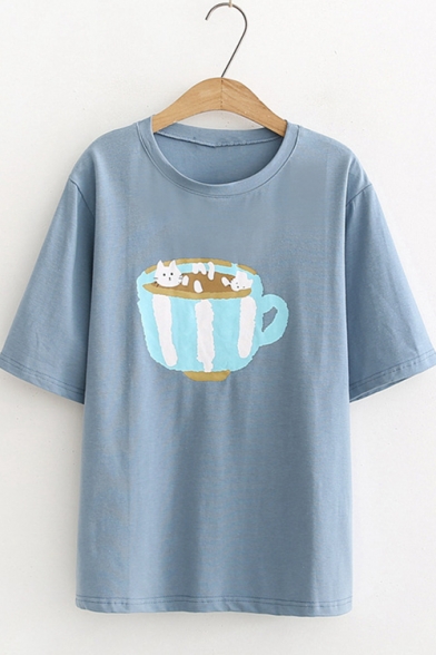 Summer Half Sleeve Round Neck Food Printed Casual Loose Cotton T Shirt