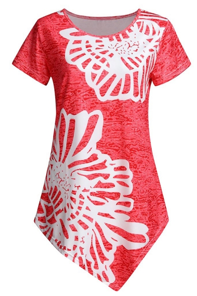 Summer Hot Stylish Floral Print Short Sleeve Round Neck Asymmetric Hem T-Shirt