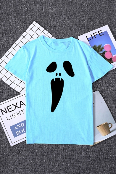 Summer Hot Stylish Halloween Skull Print Short Sleeve Round Neck Short T-Shirt