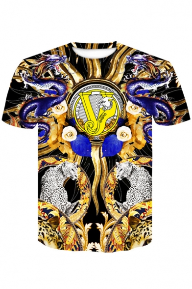 Summer Popular Vintage Mens Short Sleeve Round Neck Tiger Dragon Printed T-Shirt