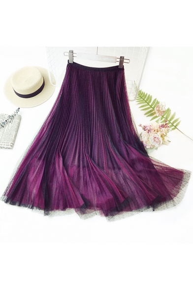 Summer Trendy Gradient High Waist Casual Loose Pleated Midi Mesh Skirt
