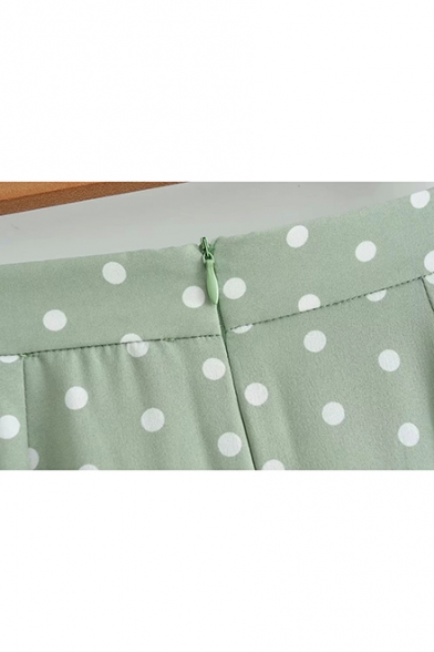 Sweet Cute Green High Waist Polka Dot Printed Layer Ruffle Hem Fitted Mini A-Line Skirt