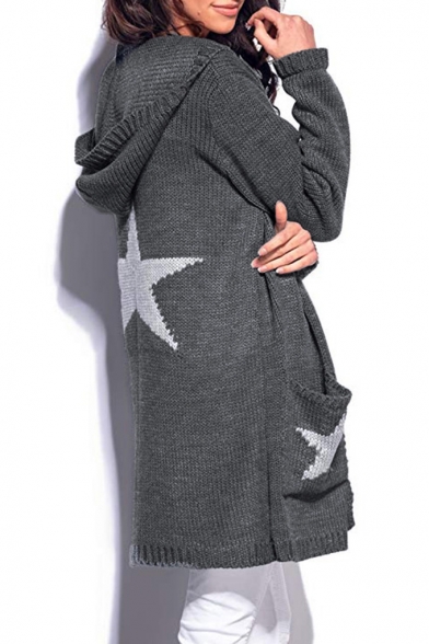 Trendy Plain Boxy Hoodie Long Sleeve Longline Cardigan with Star Print Pockets