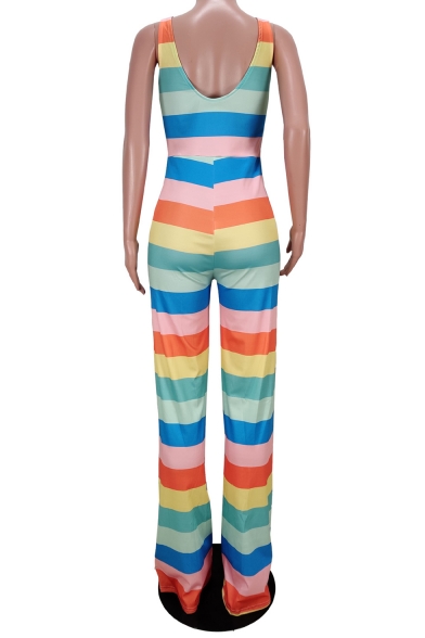 Trendy Scoop Neck Sleeveless Colorblock Striped Leisure Jumpsuits