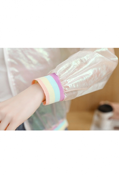 Unique Rainbow Striped Trim Stand Collar Transparent Sunscreen Zip Up Jacket