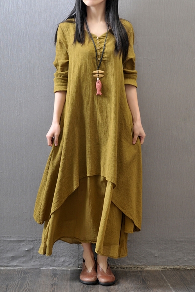 Vintage Button V-Neck Long Sleeve Layered Fake Two-Piece Maxi Linen Dress