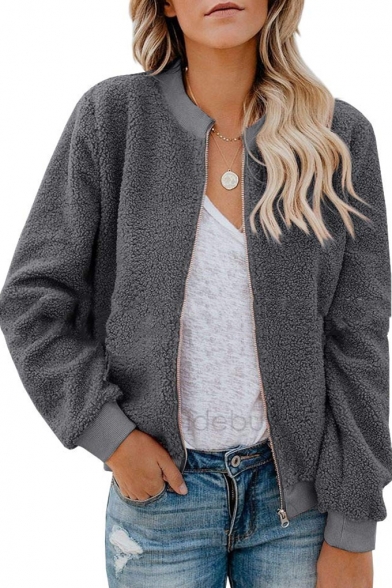 Warm Solid Color Design Stand Collar Long Sleeve Zipper Short Shearling Jacket
